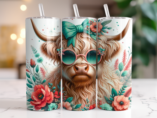 Teal Highland Cow with Sunglasses 20oz Steel Tumbler with Lid and Plastic Straw