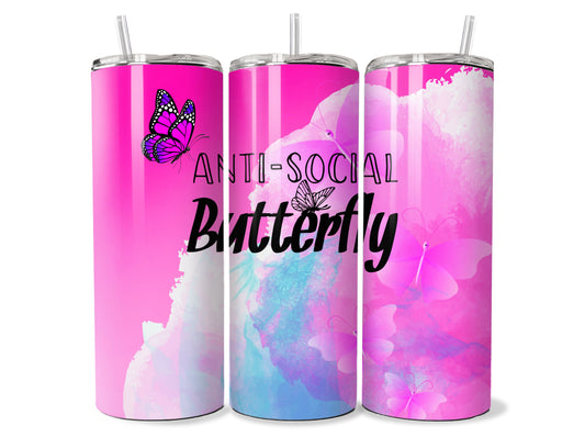 Anti-Social Butterfly Sarcastic 20oz Steel Tumbler with Lid and Plastic Straw