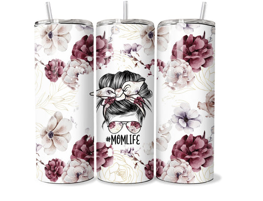 Messy Bun Mom Life Floral (Mama) 20oz Steel Tumbler with Lid and Plastic Straw