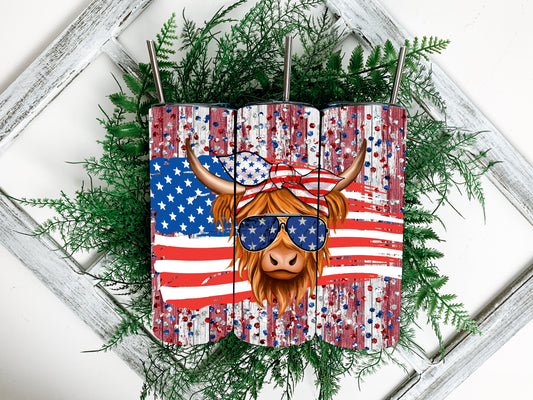 Highland Cow w/Glasses Patriotic 20oz Steel Tumbler with Lid and Plastic Straw