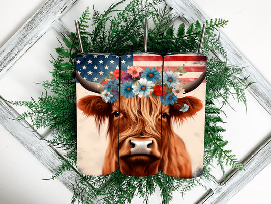 Highland Cow with Floral Headband Patriotic 20oz Steel Tumbler with Lid and Plastic Straw