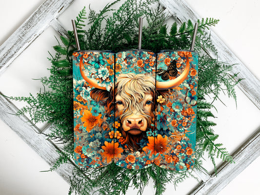 Highland Cow with Orange & Teal 20oz Steel Tumbler with Lid and Plastic Straw