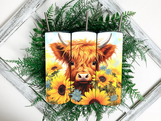 Highland Cow with Sunflowers Bright 20oz Steel Tumbler with Lid and Plastic Straw