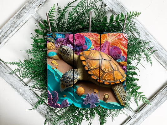 3D Printed Colorful Turtle 20oz Steel Tumbler with Lid and Plastic Straw