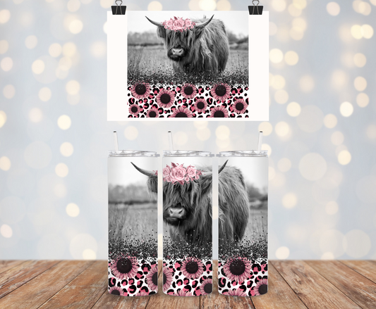 Highland Cow & Sunflowers Pink 20oz Steel Tumbler with Lid and Plastic Straw