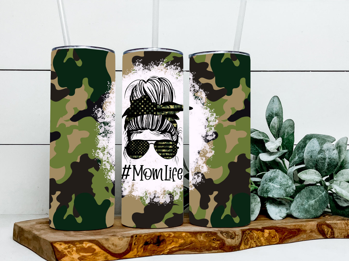 Camo Mom Life 20oz Steel Tumbler with Lid and Plastic Straw