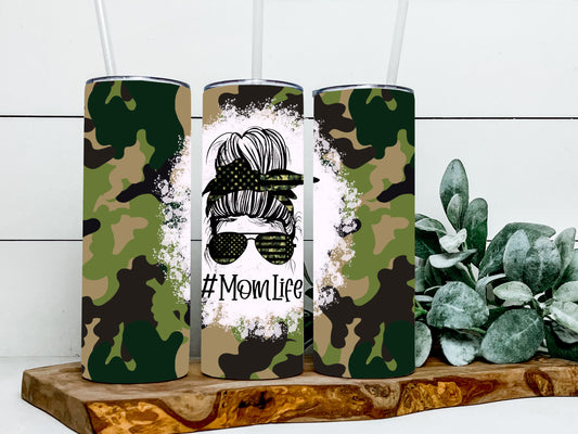 Camo Mom Life 20oz Steel Tumbler with Lid and Plastic Straw